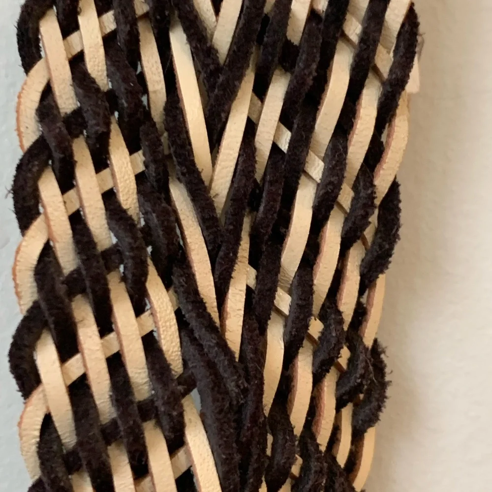 GAP Dark Brown Cream Genuine Braided Leather Solid Brass Black Finish Rings Belt